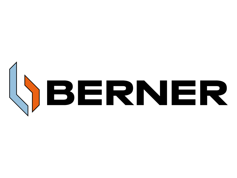 Das Bild zeigt das BERNER-Logo mit fetten, schwarzen Großbuchstaben und einem geometrischen Symbol auf der linken Seite, das aus einer blauen und einer orangefarbenen Form besteht, die ein abstraktes B bilden.