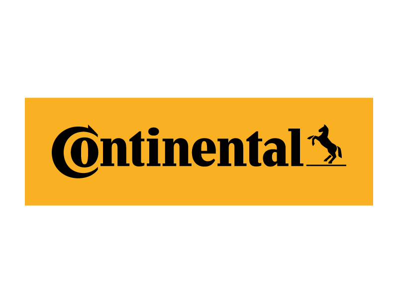 Das Continental-Logo zeigt das Wort Continental in fetten schwarzen Buchstaben auf orangefarbenem Hintergrund, mit einem stilisierten, sich aufbäumenden Pferd neben dem letzten l.
