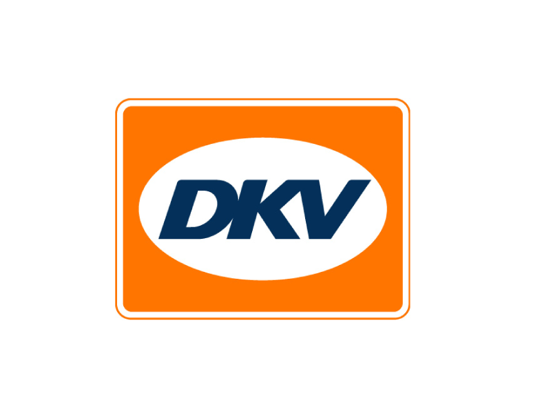 Das Bild zeigt ein Logo mit den dunkelblauen Buchstaben DKV in einem weißen Oval vor einem orangefarbenen rechteckigen Hintergrund mit abgerundeten Ecken und einem dünnen weiß-orangenen Rand.