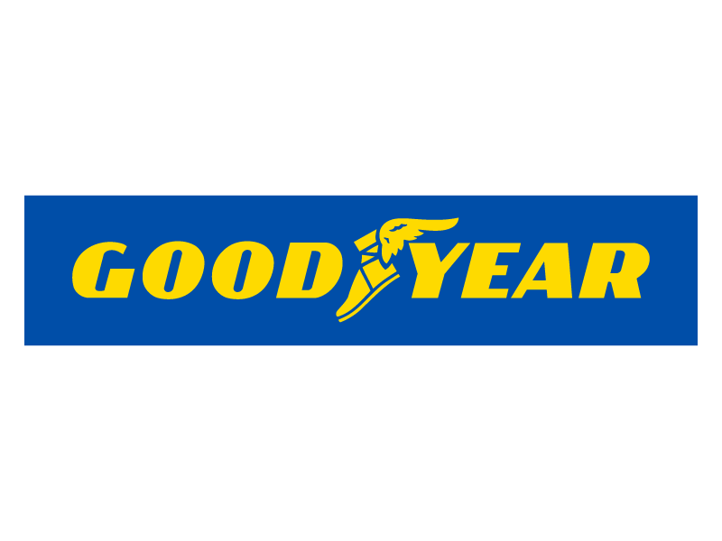 Das Bild zeigt das Goodyear-Logo mit dem Wort GOODYEAR in fetten gelben Buchstaben auf blauem Hintergrund. Ein geflügelter Fuß erscheint zwischen den Worten GOOD und YEAR.