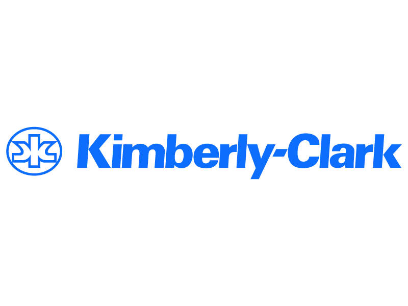 Das Bild zeigt das Kimberly-Clark-Logo mit einem blauen Kreissymbol auf der linken Seite und dem Firmennamen Kimberly-Clark in fetten blauen Buchstaben auf hellgrauem Hintergrund.
