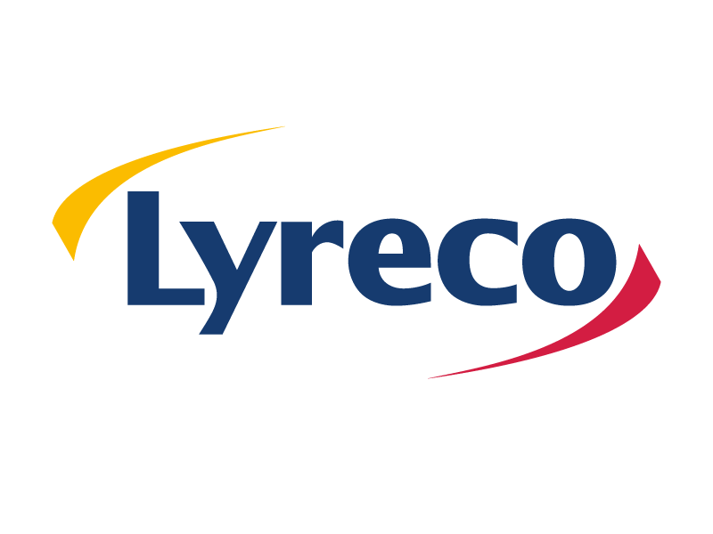Lyreco-Logo mit Lyreco in fetten blauen Buchstaben, einem gelben Swoosh über dem L und einem roten Swoosh unter dem o, alles auf weißem Hintergrund.