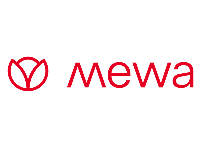 Rotes mewa-Logo mit einem kreisförmigen Emblem, das auf der linken Seite stilisierten Blütenblättern oder Blättern ähnelt, und dem Wort mewa in roten Kleinbuchstaben auf der rechten Seite, alles auf weißem Hintergrund.