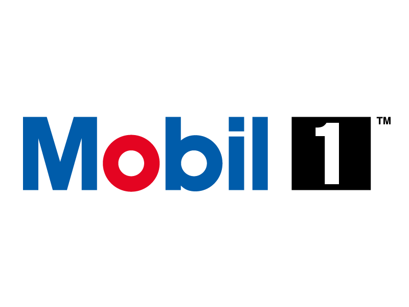 Das Mobil 1-Logo mit Mobil in blauer Schrift, dem o in roter Schrift, gefolgt von einem schwarzen Kasten mit einer weißen Zahl 1 und einem kleinen Markensymbol.