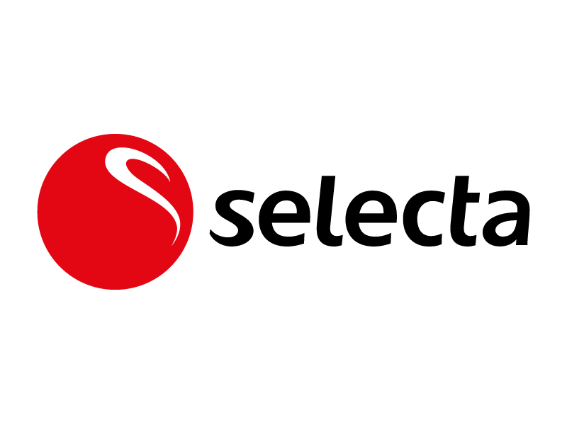 Das Selecta-Logo zeigt einen kräftigen roten Kreis mit einem weißen abstrakten S darin, gefolgt von dem Wort Selecta in schwarzer, kleiner, moderner Schrift auf hellem Hintergrund.