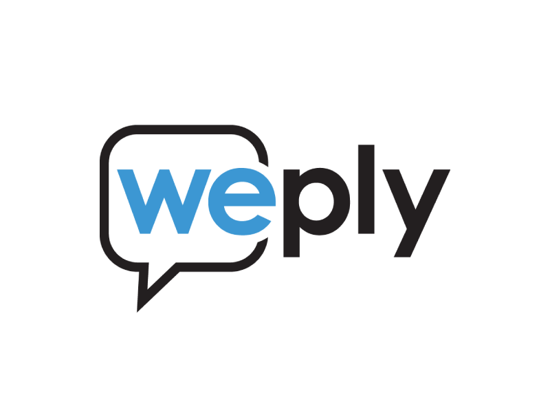 Das Bild zeigt das Wort weply mit we in blauer Schrift innerhalb einer Sprechblase und ply in schwarzer Schrift außerhalb der Blase, alles auf weißem Hintergrund.