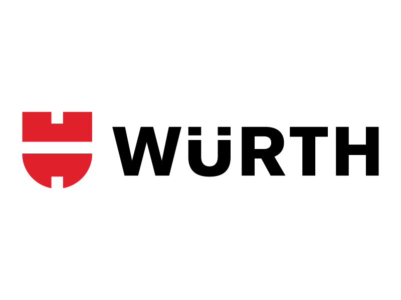 Das Bild zeigt das Würth-Logo mit einem rot-weißen Wappenschild auf der linken Seite und dem Wort WÜRTH in fetten schwarzen Buchstaben mit zwei Punkten über dem U auf der rechten Seite. Der Hintergrund ist hellgrau.
