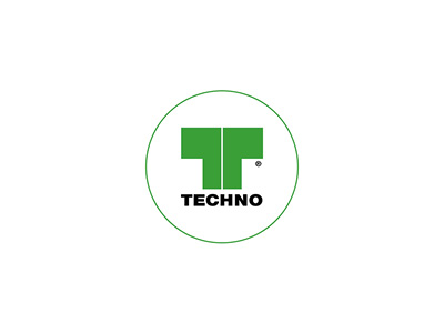 Grünes stilisiertes T-Logo über dem Wort TECHNO in Schwarz, zentriert in einem dünnen grünen Kreis auf weißem Hintergrund.