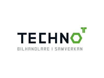Logo mit dem Wort TECHNO in fetten Buchstaben; das O ist ein grünes Sechseck mit IT darüber. Darunter steht in grauer Schrift BILHANDLARE I SAMVERKAN auf weißem Hintergrund.