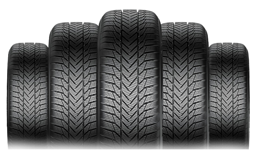 Five black Tecar tires with detailed treads are arranged in a row against a white background, with the center tire slightly moved forward to highlight this exclusive brand.