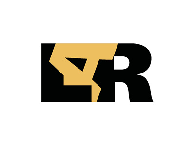 A stylized black letter R with a geometric golden shape resembling a lightning bolt or an abstract face on the left side, against a white background.
