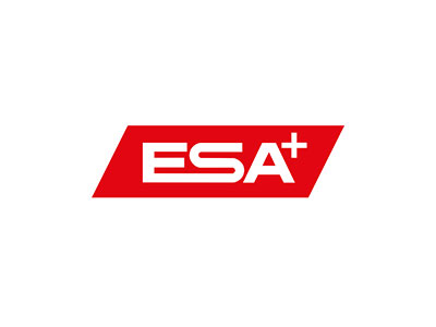 Red parallelogram with the white text ESA+ in bold, modern letters in the center. The background is solid white.
