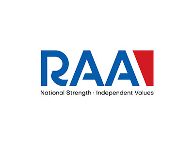 Logo with bold blue letters RAA, followed by a red triangular shape. Below it is the text: National Strength – Independent Values on a white background.