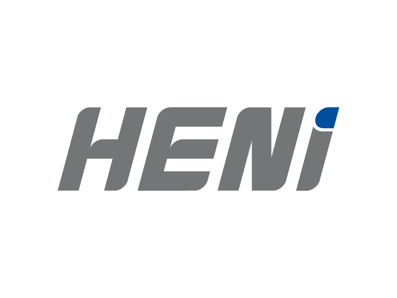 The image shows the word HENI in bold, gray, italicized capital letters. The top right corner of the letter 'I' is colored blue, emphasizing a sense of unity and innovation among partners. The background is light gray.