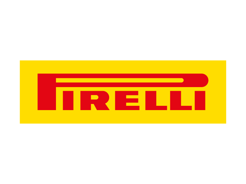 The image shows the Pirelli logo with bold red letters on a yellow background. The top part of the "P" extends horizontally over the other letters.