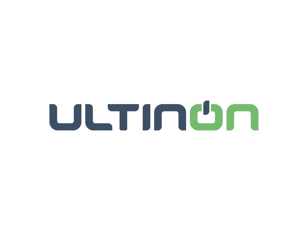 The image shows the word ULTINON in a modern, bold font. The letters "ULTIN" are dark blue, while the letters "O" and "N" are green. The letter "O" has a vertical blue line on its upper right side.